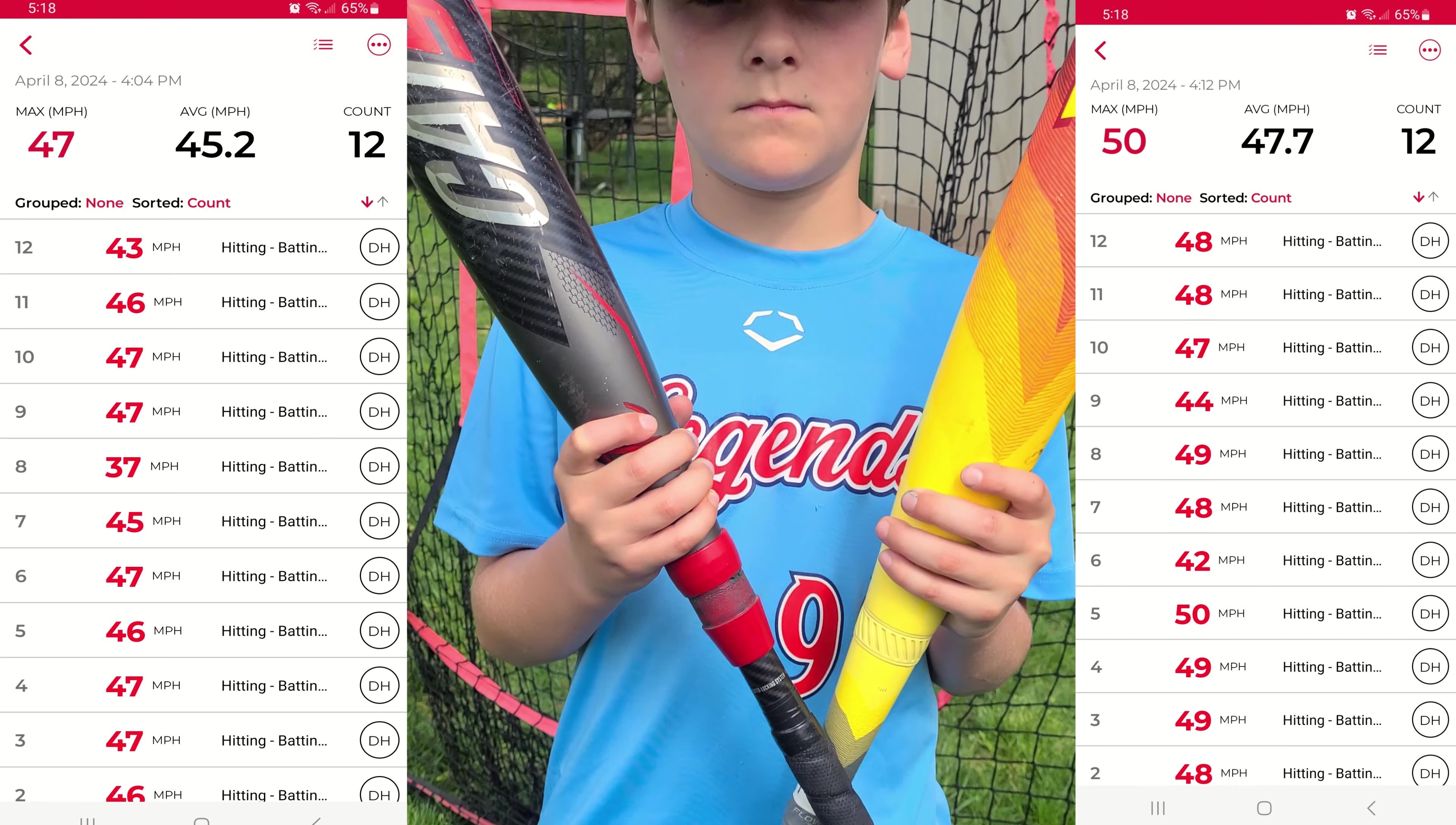 Summary screen showing the comparison between both bats