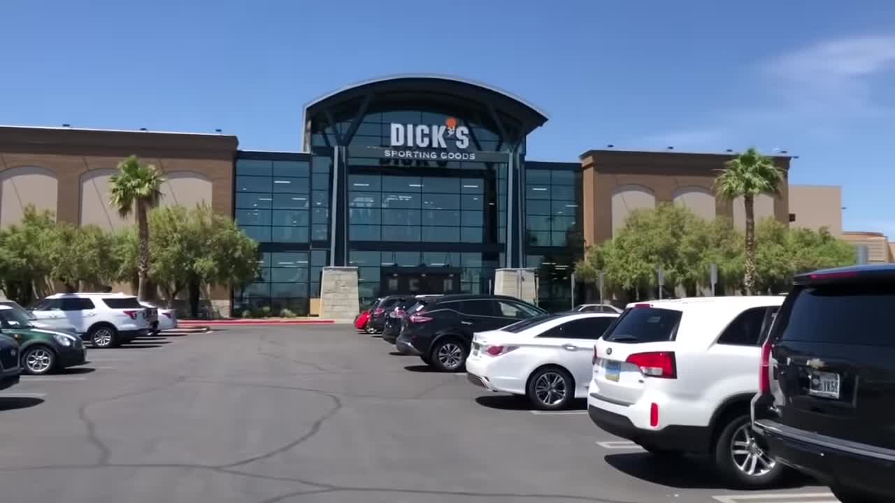 Exterior view of the Dick's Sporting Goods HitTrax setup, showing palm trees and sunny weather.