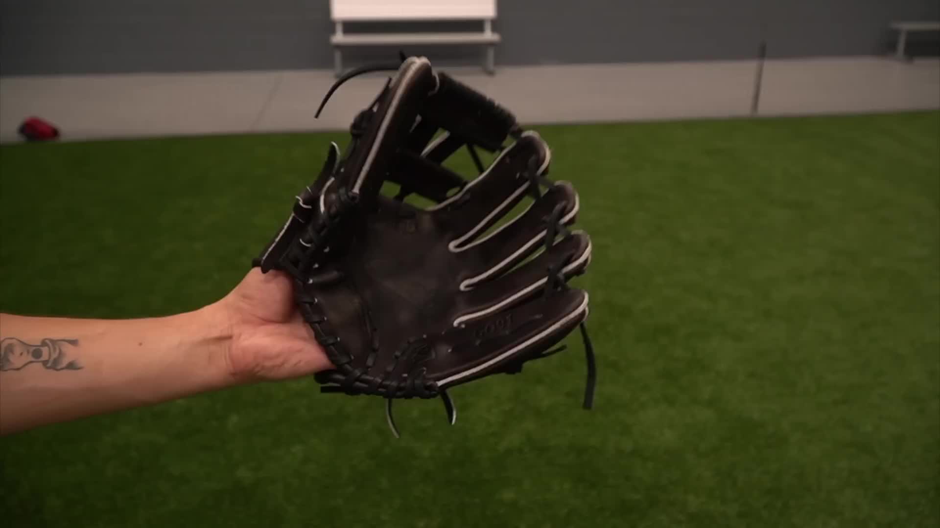 Close-up of the Gloveworks glove being broken in.
