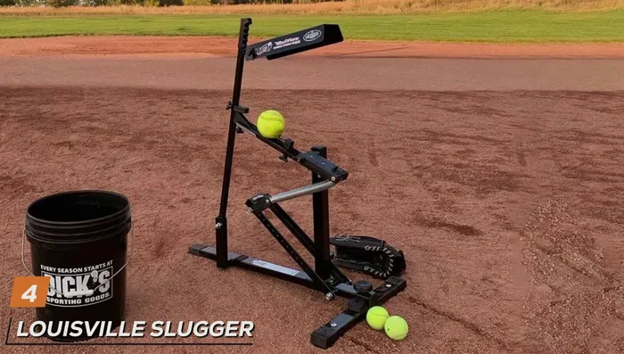 Review of Louisville Slugger Black Flame Pitching Machine - A manual machine emphasizing reliability and versatility. Adjustable pitch speed (18-50 mph for baseballs, up to 60 mph for softballs), throws various pitch types. Durable steel frame.