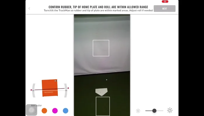 Check the Trackman B1 view. Ensure a clear view with no obstructions and that the netting won't interfere with the ball's flight. The bottom left corner should show a green checkmark indicating the B1 is level. Adjust the tripod if needed.