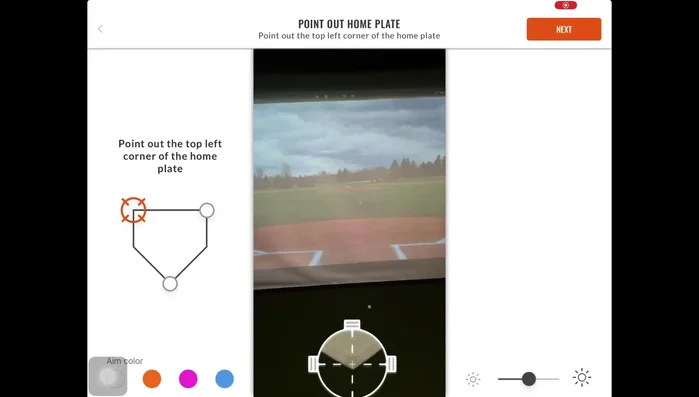 Point out home plate by placing crosshairs in the top left, top right, and tip of home plate. Use the 'Find Target' and 'Adjust' features to get as close as possible.