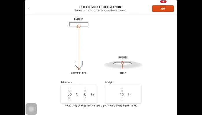 If using standard setup, you can skip step 4. For a standard setup, measure the distance from the pitcher's rubber to the tip of home plate (within one foot of accuracy). Adjust the height of the rubber (within one foot of accuracy).