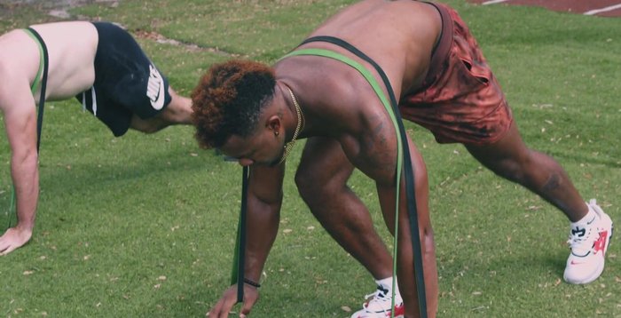 Banded Lat Pull-Down: High anchor point. Perform with protraction, retraction, and pull for each rep.