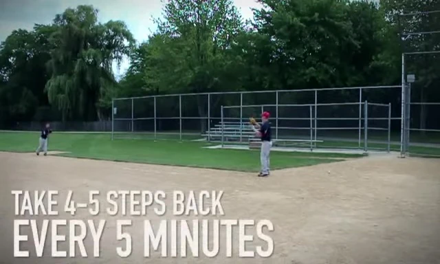 Gradually increasing the distance while throwing the weighted ball.