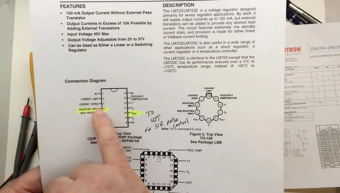 Identify and check the voltage regulator (LM723).