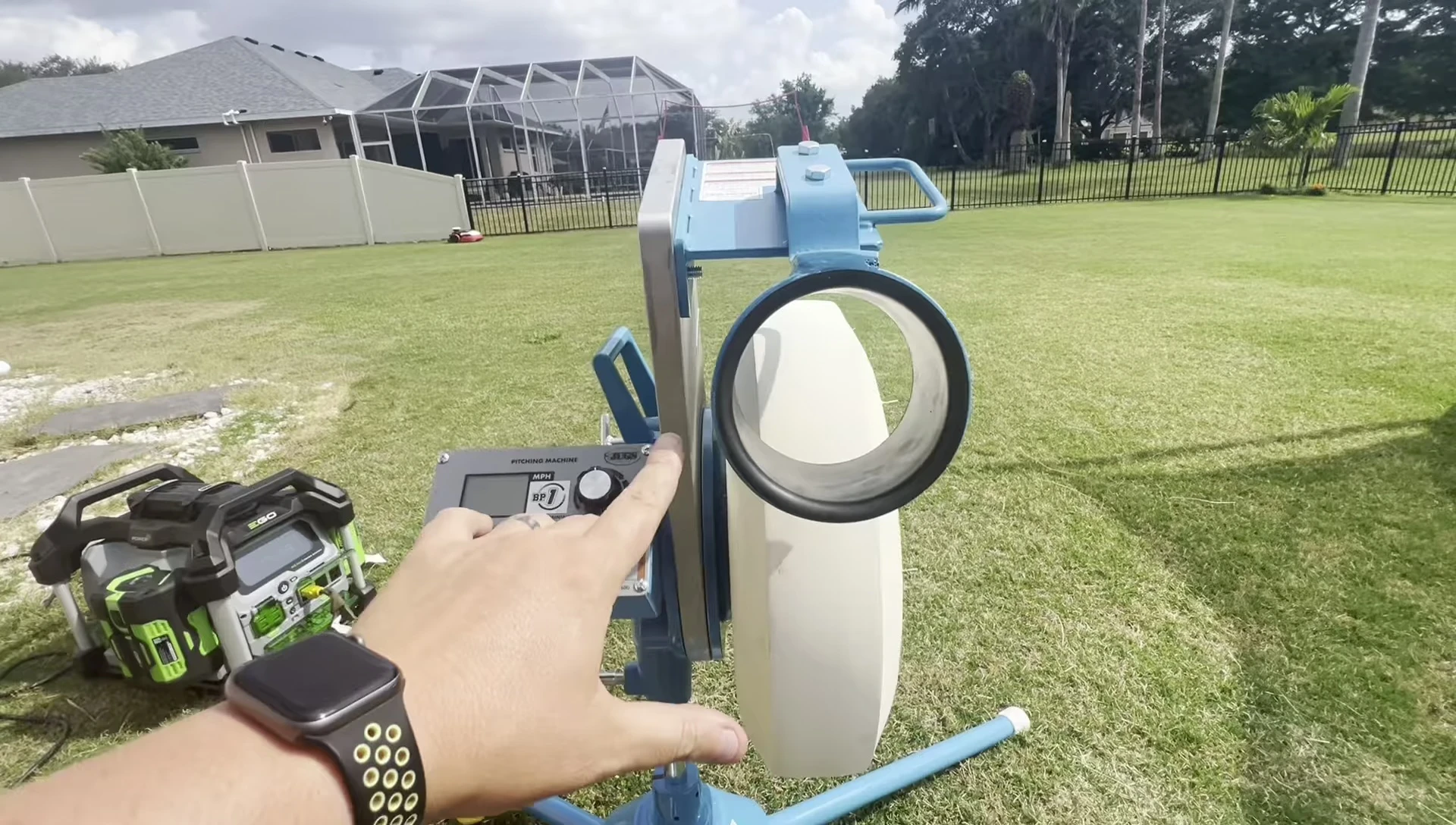 Close-up of the partially assembled Jugs BP1 pitching machine