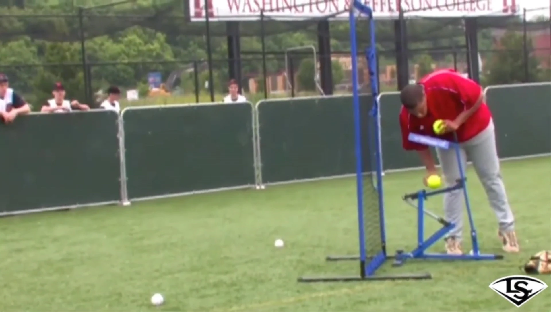 Overall view of the pitching machine's sturdy construction