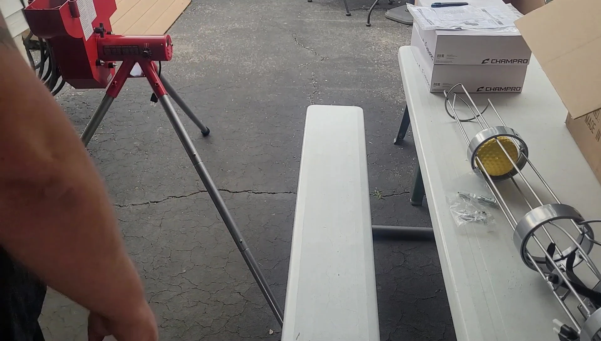 The pitching machine set up and ready for use.
