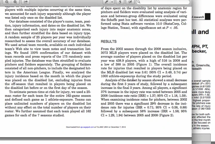 Screenshot displaying data from a study on Major League Baseball injury rates.