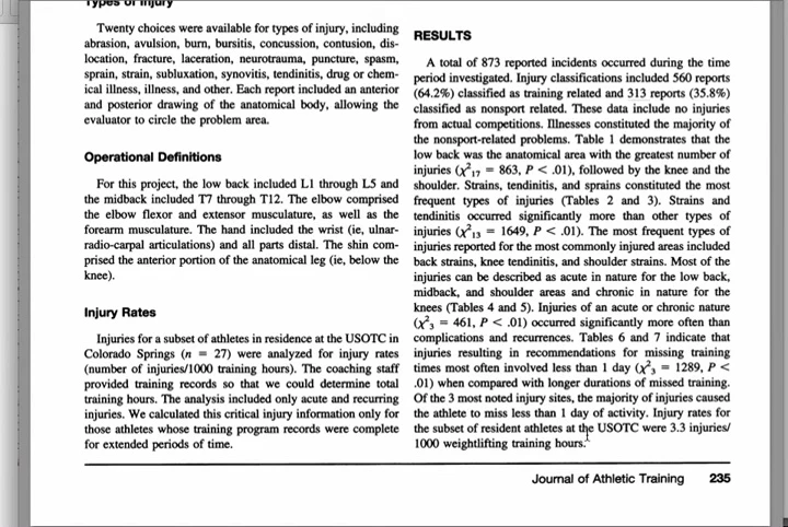 Screenshot comparing injury rates between Major League Baseball and elite Olympic weightlifting.