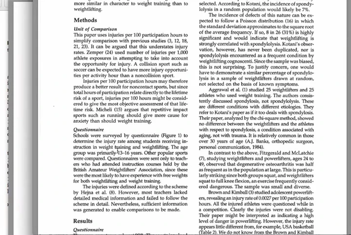 Screenshot showing data from a study on injury rates in recreational weightlifting.